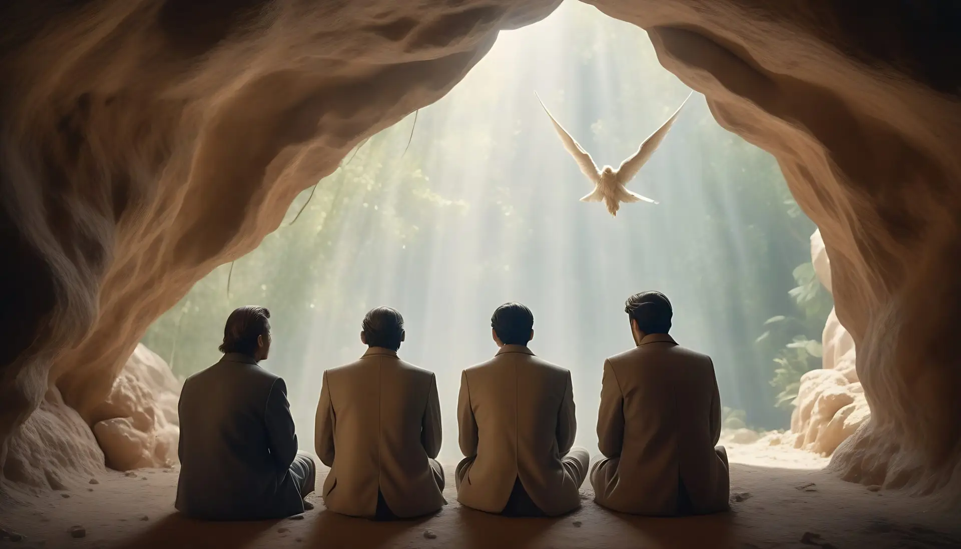 3-hombres-dentro-de-una-cueva-hermosa-viendo-un--ngel-resplandeciente-y-lleno-de-luz-que-los-ilumina-y-ellos-est-n-alegres