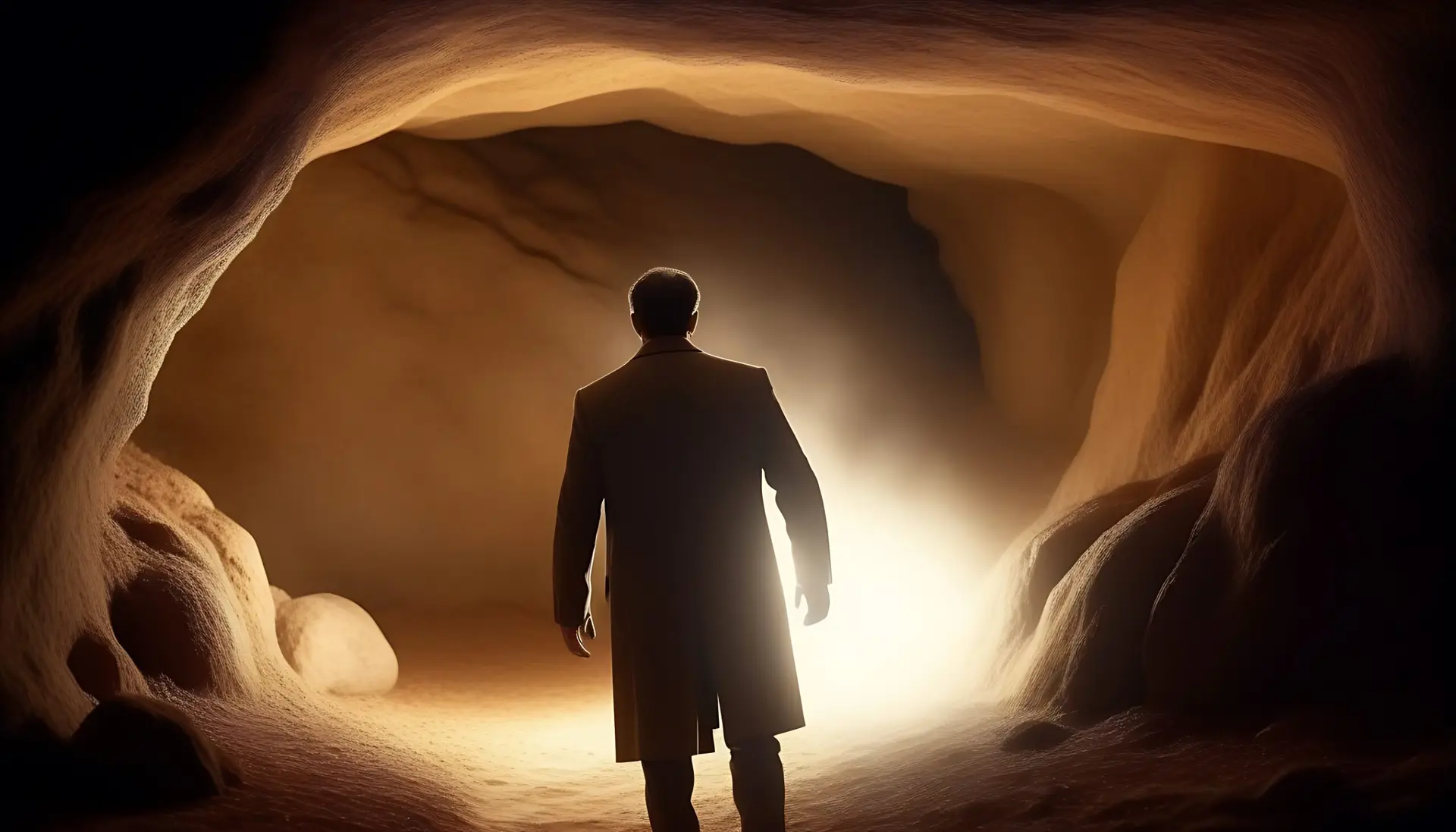 Hombre-de-40-a-os-entrando-a-una-cueva-hermosa-y-lo-recibe-y-espera-con-brazos-abiertos-una-silueta-de-un-hombre-de-luz-resplandeciente